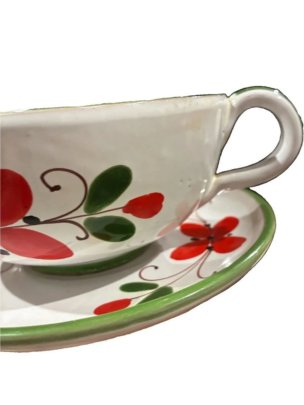Vintage Italian Hand-Painted Ceramic Soup cup &Saucer set red/green